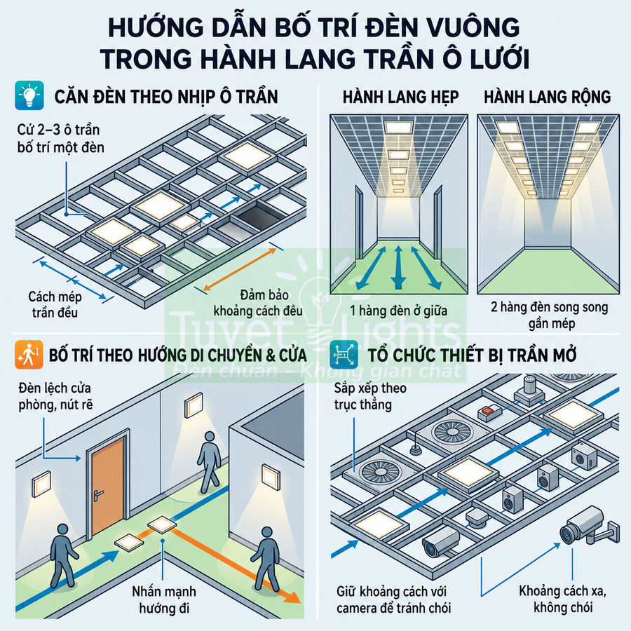 Hướng dẫn bố trí đèn vuông âm trần trong hành lang trần ô lưới và trần mở, minh họa các cách sắp xếp đèn