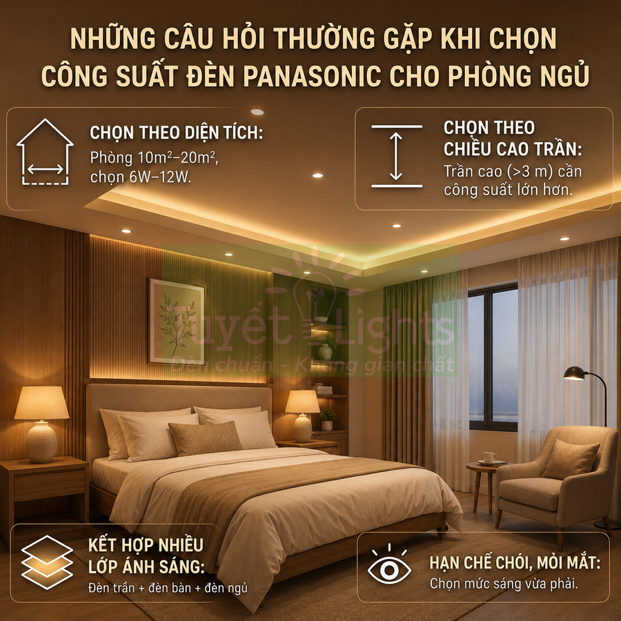 Phòng ngủ hiện đại sử dụng đèn Panasonic âm trần và đèn ngủ vàng ấm tạo không gian thư giãn