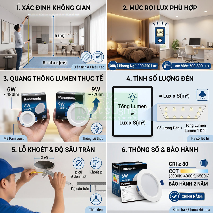 Hướng dẫn chọn và lắp đặt đèn led âm trần Panasonic 6W 9W cho phòng ngủ và phòng làm việc