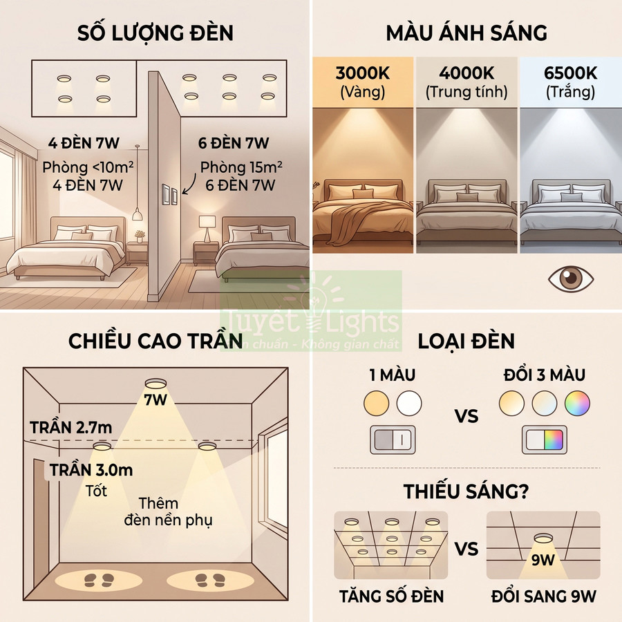 Hướng dẫn chọn số lượng và công suất đèn led âm trần 7W 9W cho phòng ngủ theo diện tích và màu ánh sáng