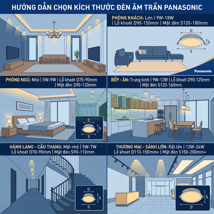 Hướng dẫn chọn kích thước đèn âm trần Panasonic cho phòng khách, phòng ngủ, bếp, hành lang và sảnh lớn