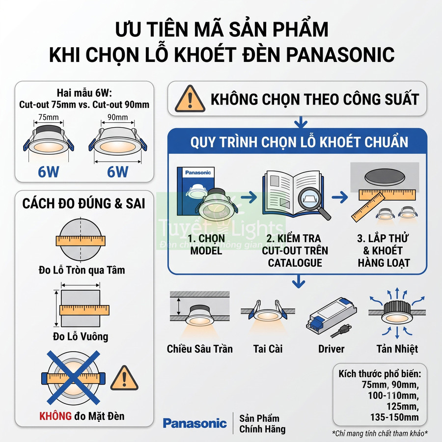 Cách chọn kích thước lỗ khoét đèn âm trần Panasonic