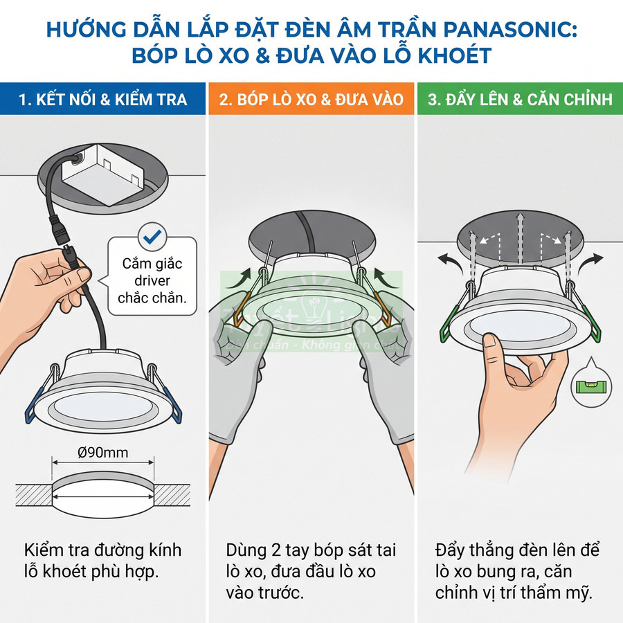 Hướng dẫn lắp đặt đèn âm trần Panasonic dạng tròn với lò xo gắn vào trần nhà