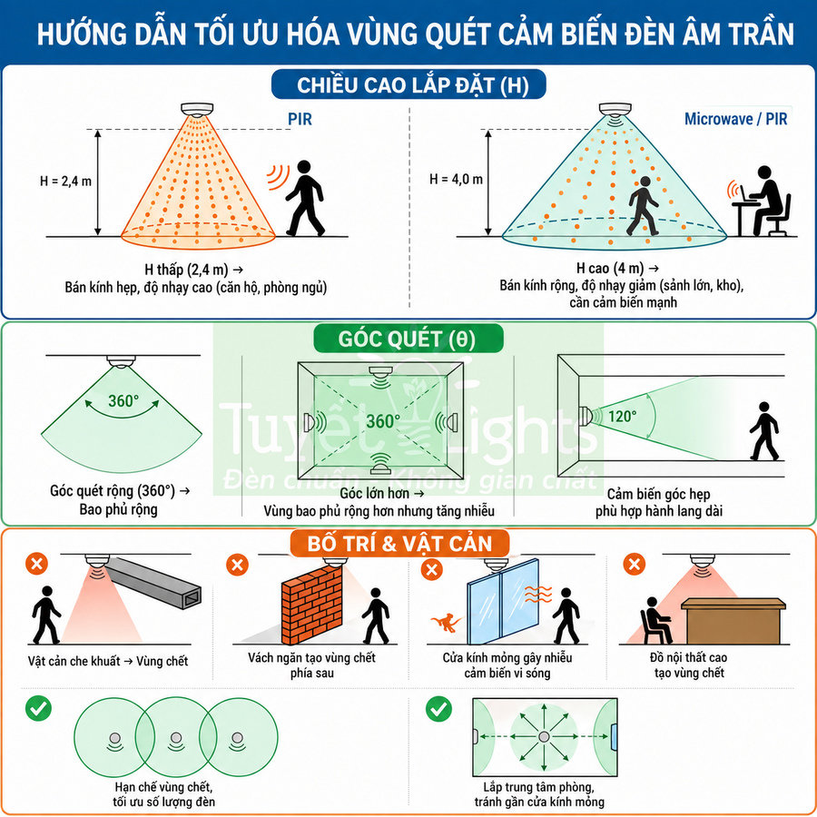 Hướng dẫn tối ưu vùng quét cho đèn cảm biến âm trần PIR và microwave, minh họa chiều cao lắp đặt và góc quét