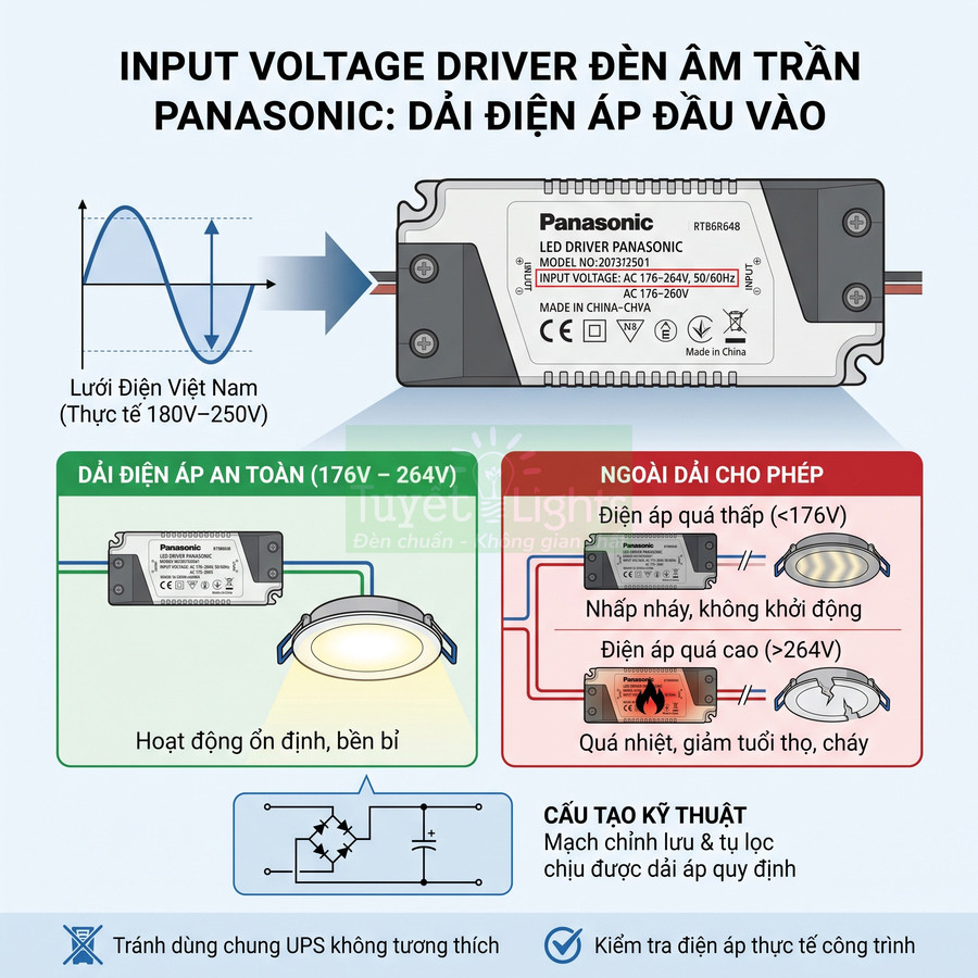 Driver đèn LED âm trần Panasonic dải điện áp rộng 176V 264V và hướng dẫn sử dụng an toàn