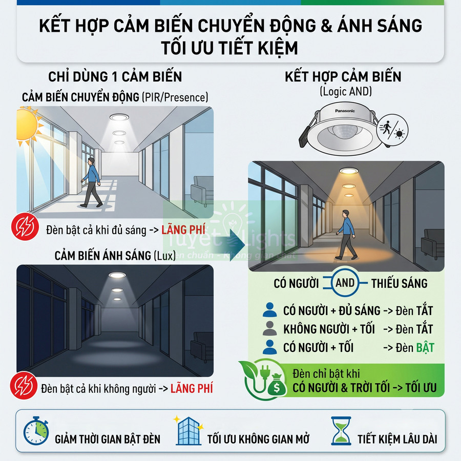 Đèn âm trần Panasonic tích hợp cảm biến chuyển động và ánh sáng tối ưu tiết kiệm điện cho hành lang văn phòng