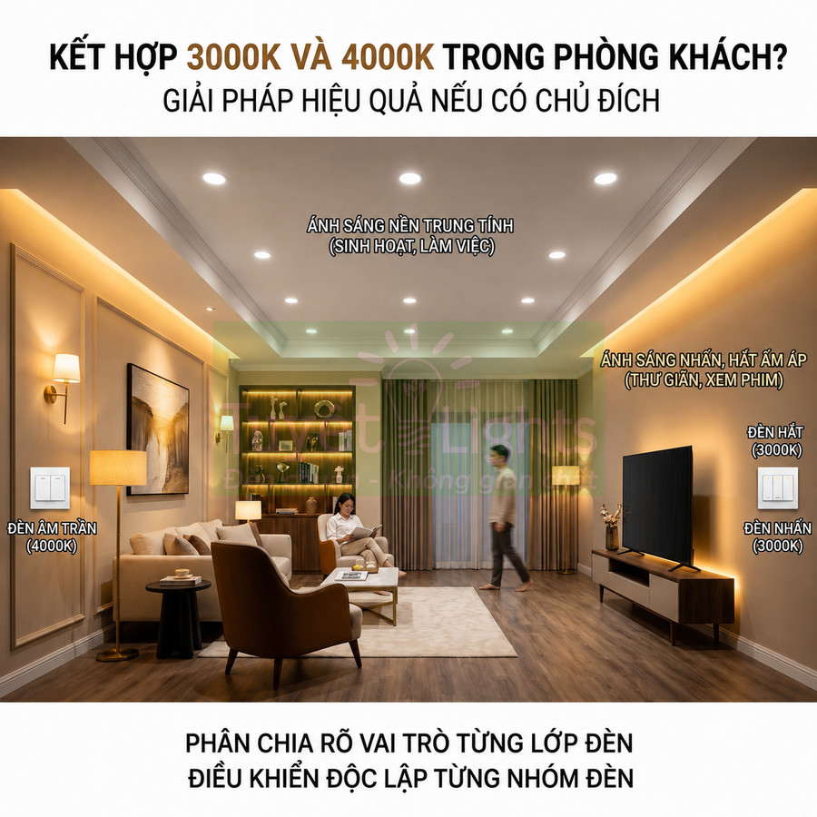 Phòng khách hiện đại sử dụng đèn âm trần 4000K và đèn hắt 3000K tạo ánh sáng trung tính và ấm áp