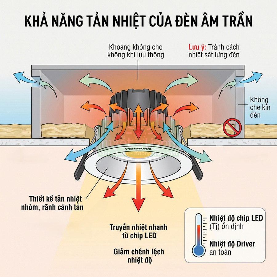 Đèn âm trần LED Panasonic với thiết kế tản nhiệt nhôm, minh họa luồng khí giúp làm mát an toàn