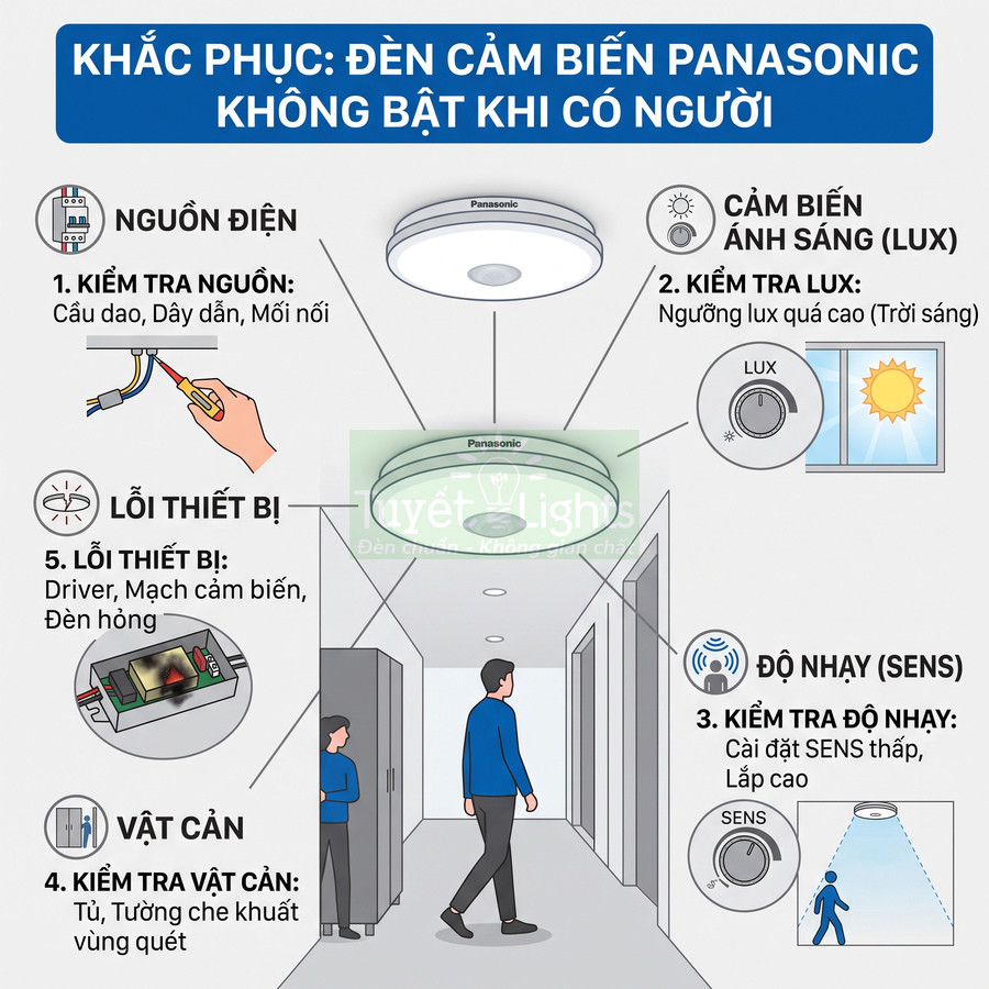 Hướng dẫn khắc phục lỗi đèn cảm biến Panasonic không bật khi có người, kiểm tra nguồn điện, cảm biến, độ nhạy và vật cản