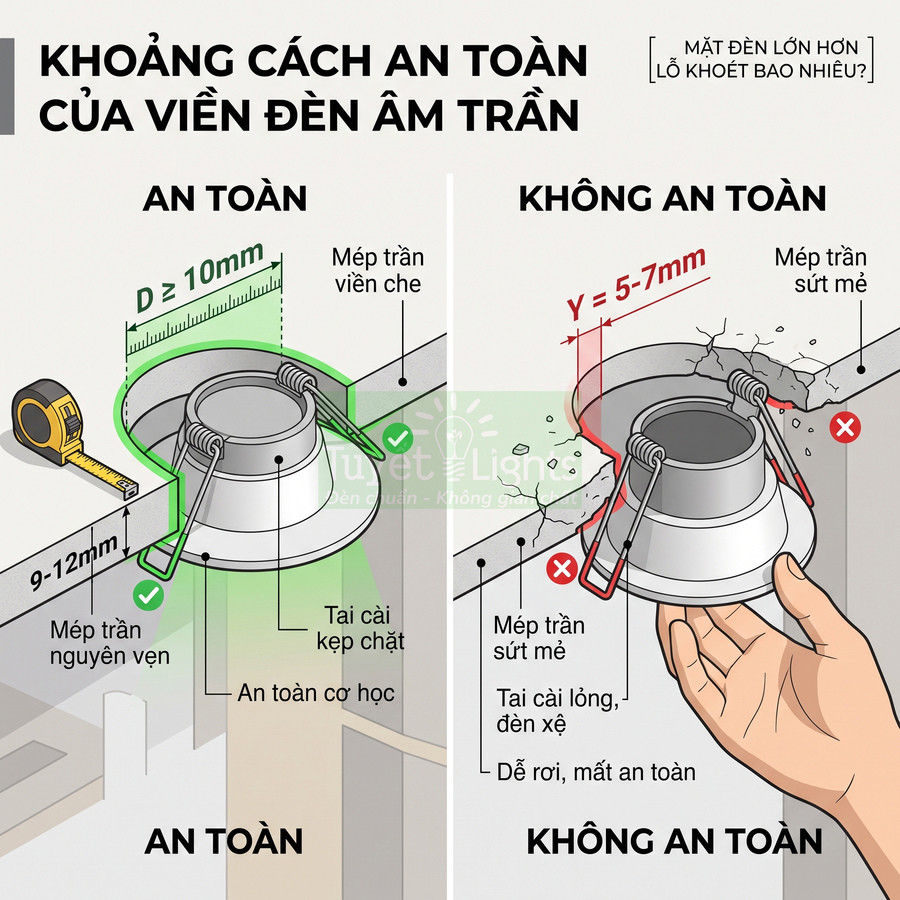 Hướng dẫn khoảng cách an toàn khi lắp đặt đèn âm trần, so sánh vị trí lắp đúng và sai trên trần nhà