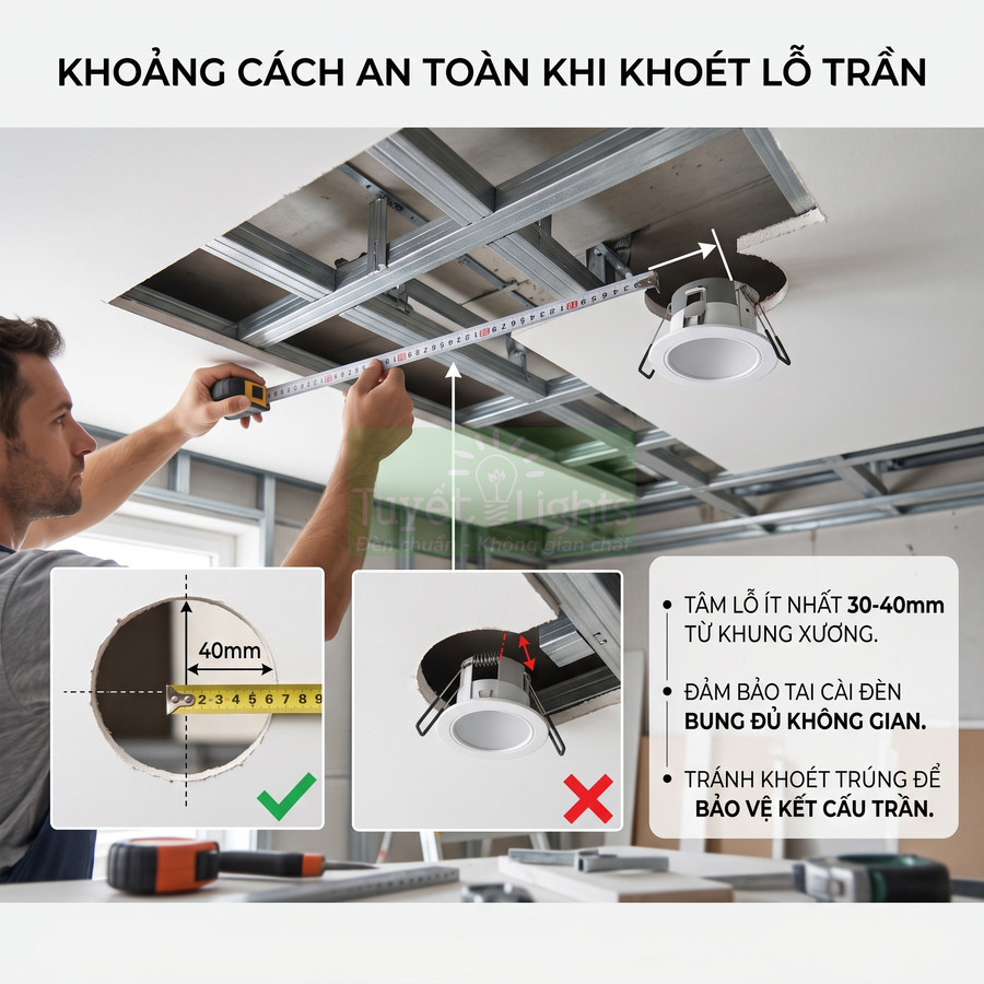 Hướng dẫn đo khoảng cách khoét lỗ trần và lắp đặt đèn âm trần an toàn