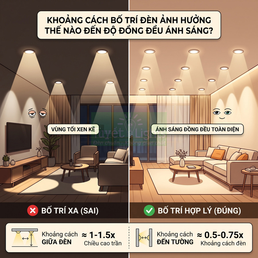 So sánh bố trí đèn trần trong phòng khách, minh họa cách sắp xếp đèn đúng để ánh sáng đồng đều