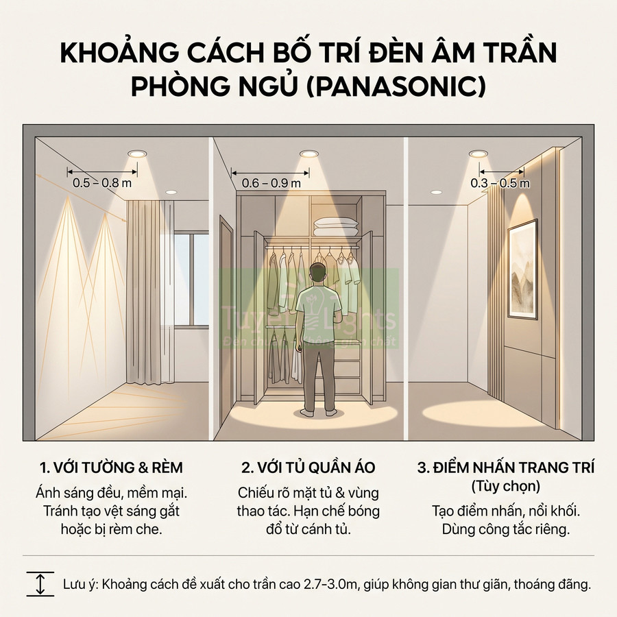Hướng dẫn bố trí đèn âm trần Panasonic trong phòng ngủ chiếu sáng rèm, tủ quần áo và điểm nhấn trang trí