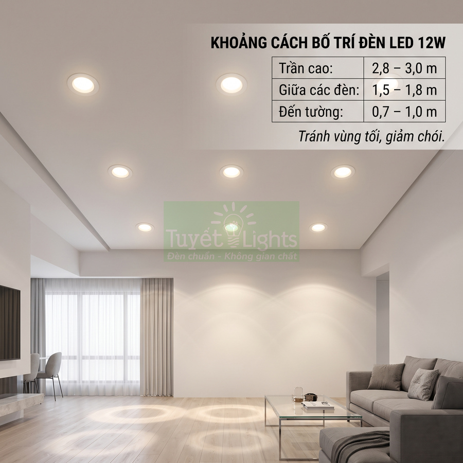 Phòng khách hiện đại lắp đèn LED âm trần 12W Tuyết Lights chiếu sáng đều, trần trắng, sofa xám, bàn kính