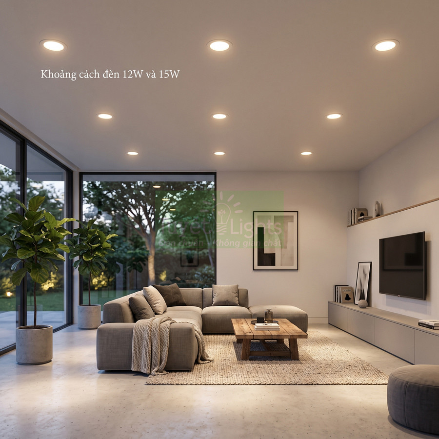 Đèn downlight âm trần 12W 15W chiếu sáng phòng khách hiện đại với sofa góc và bàn gỗ