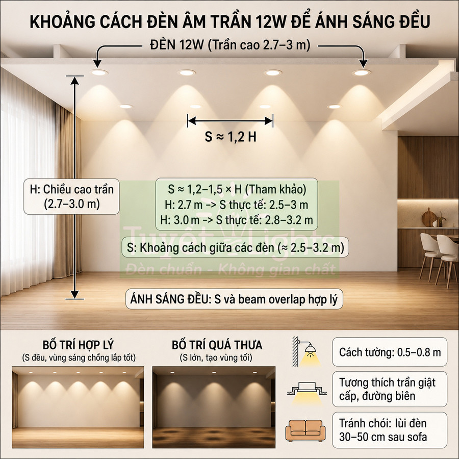 Hướng dẫn bố trí đèn âm trần 12W cho phòng khách hiện đại với khoảng cách lắp đặt chuẩn ánh sáng đều