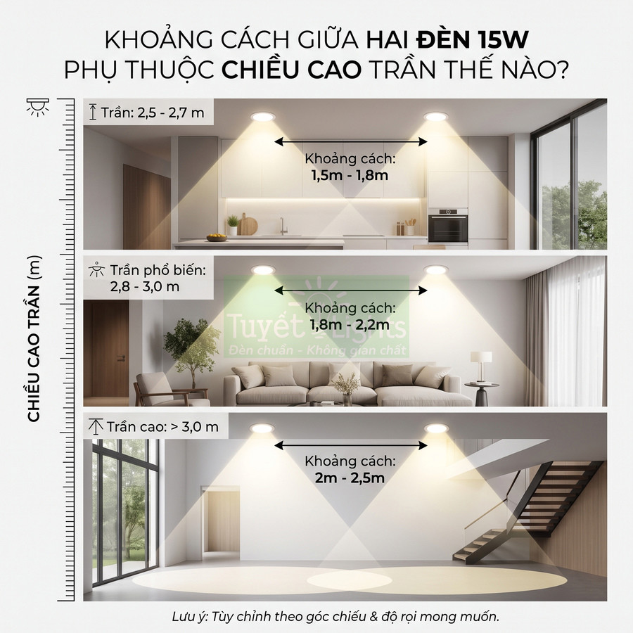 Hướng dẫn khoảng cách lắp đặt hai đèn âm trần 15W theo từng mức chiều cao trần nhà khác nhau