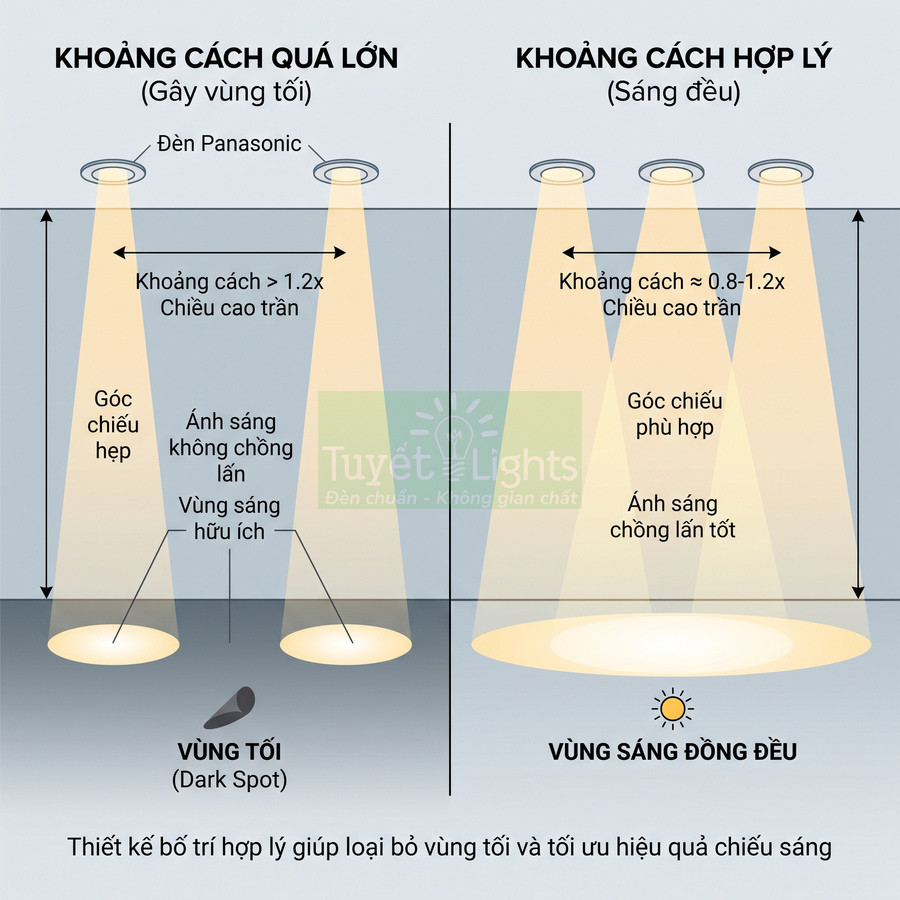 Minh họa khoảng cách lắp đèn âm trần Panasonic để tránh vùng tối và tạo vùng sáng đồng đều