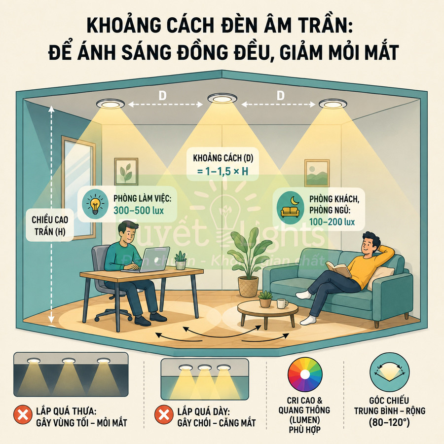 Minh họa bố trí đèn âm trần trong phòng làm việc và phòng khách để ánh sáng đồng đều, giảm mỏi mắt