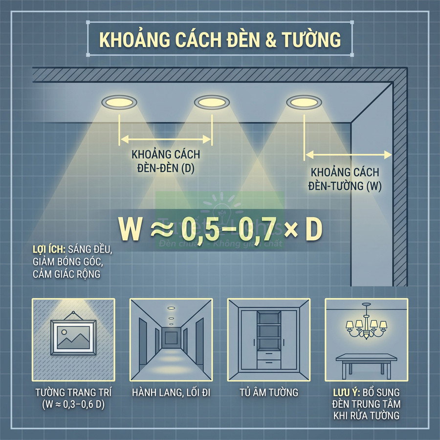 Hướng dẫn bố trí đèn âm trần rọi tường với khoảng cách đèn đến tường và đèn đến đèn hợp lý