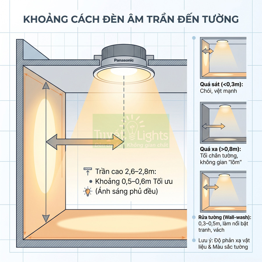 Hướng dẫn lắp đặt đèn âm trần Panasonic với khoảng cách tối ưu từ trần đến tường để ánh sáng đều