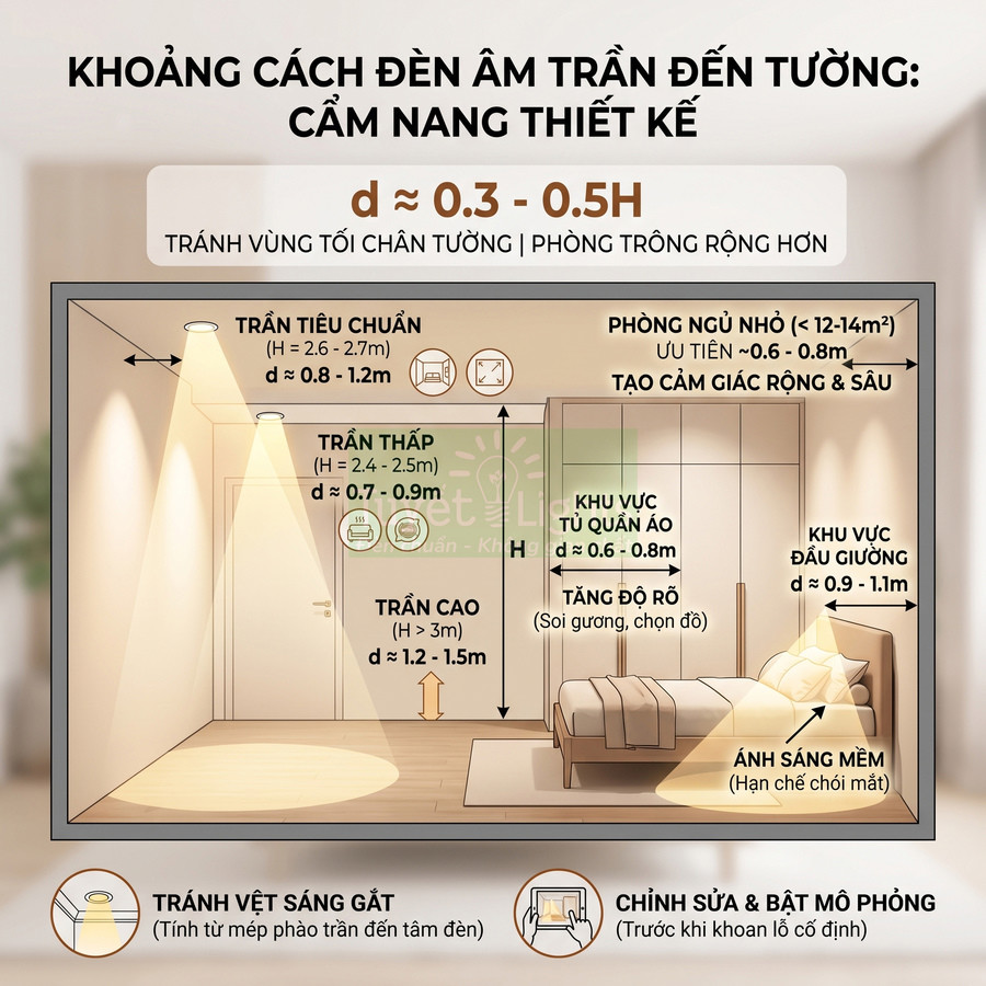 Cẩm nang bố trí đèn âm trần trong phòng ngủ, hướng dẫn khoảng cách từ đèn đến tường và các khu vực giường tủ