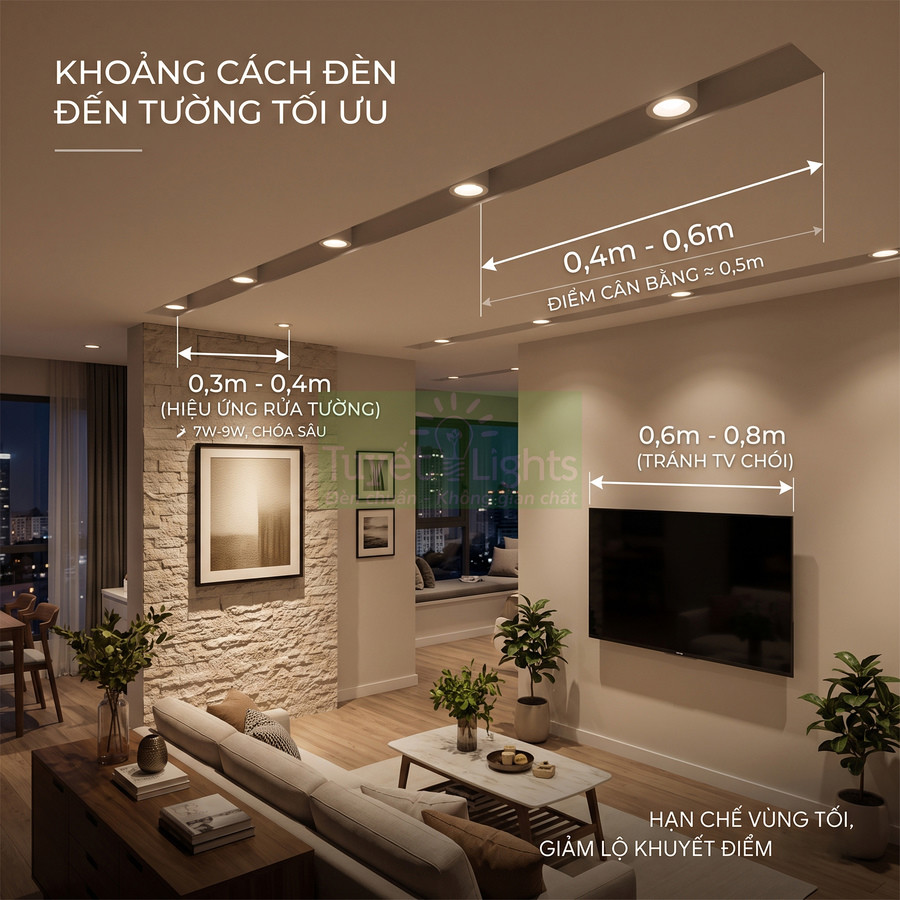 Phòng khách hiện đại lắp đèn downlight âm trần chiếu sáng tường và khu vực xem TV