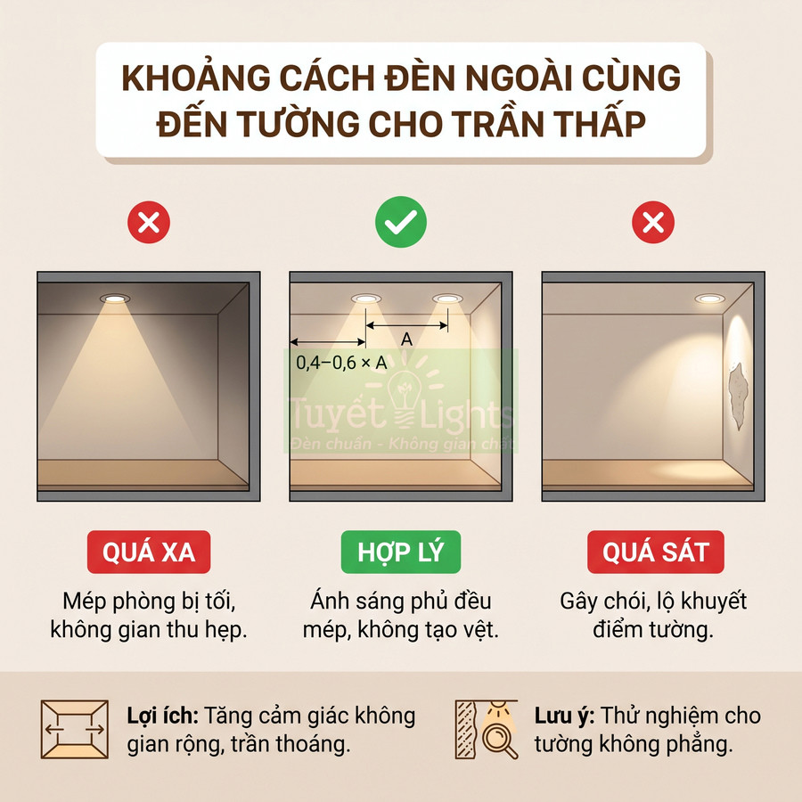 Hướng dẫn chọn khoảng cách đèn âm trần Tuyết Lights đến tường cho trần thấp, tránh quá xa hoặc quá sát