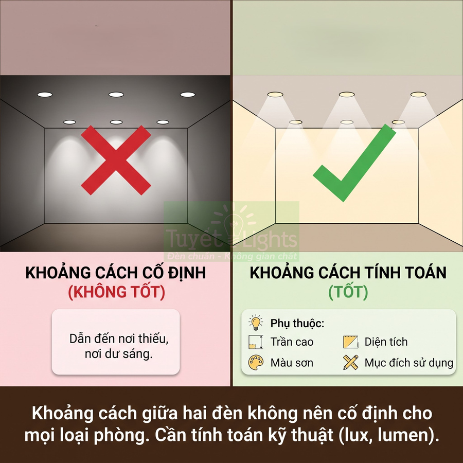 So sánh bố trí đèn âm trần khoảng cách cố định và khoảng cách tính toán theo diện tích, trần cao, mục đích sử dụng