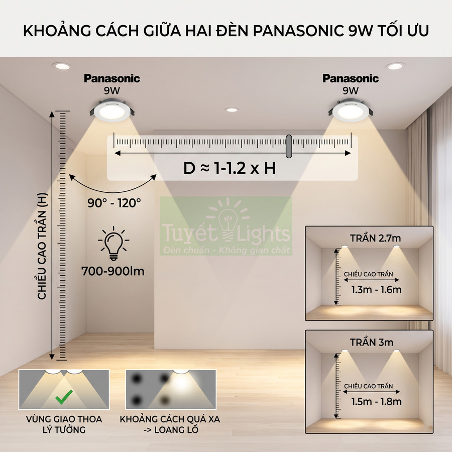 Hướng dẫn khoảng cách lắp đặt tối ưu giữa hai đèn âm trần Panasonic 9W trong phòng khách