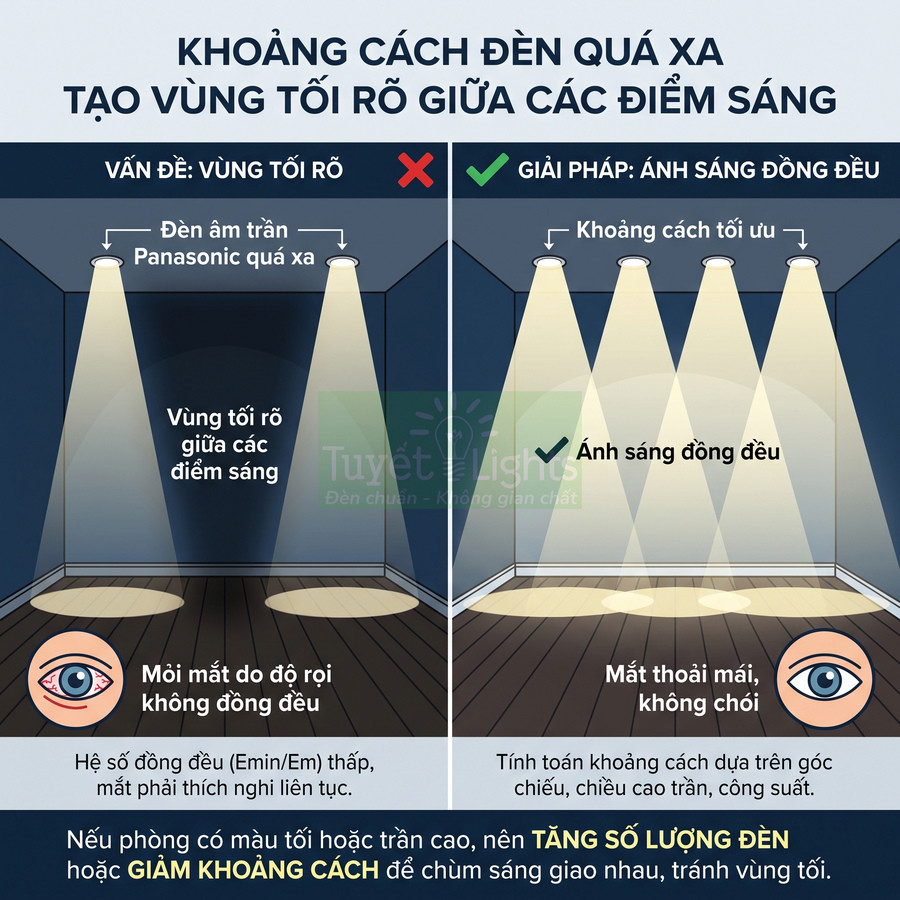 So sánh bố trí đèn âm trần Panasonic khoảng cách xa gây vùng tối và bố trí dày cho ánh sáng đồng đều