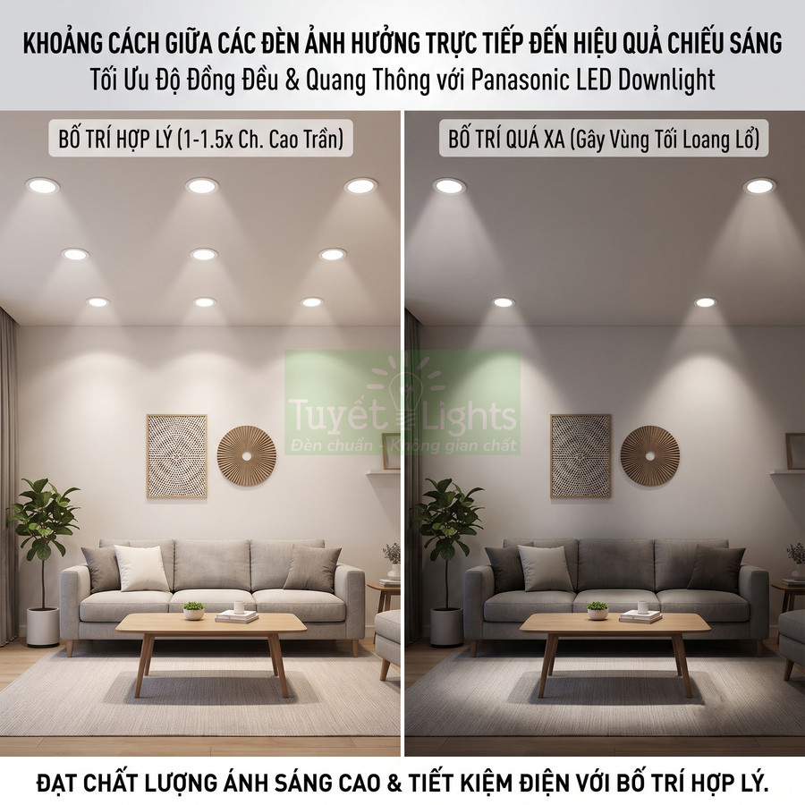 So sánh bố trí đèn âm trần Panasonic LED Downlight trong phòng khách hiện đại với ánh sáng đều và ánh sáng loang lổ