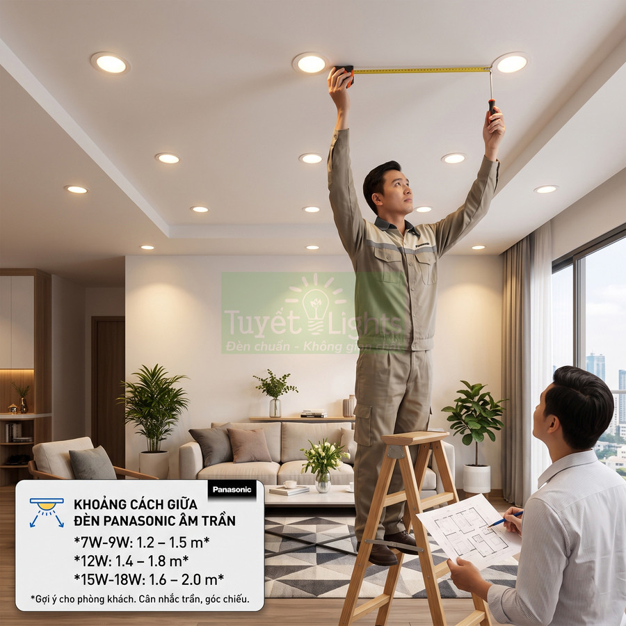 Kỹ thuật viên đo khoảng cách lắp đèn Panasonic âm trần trong phòng khách hiện đại