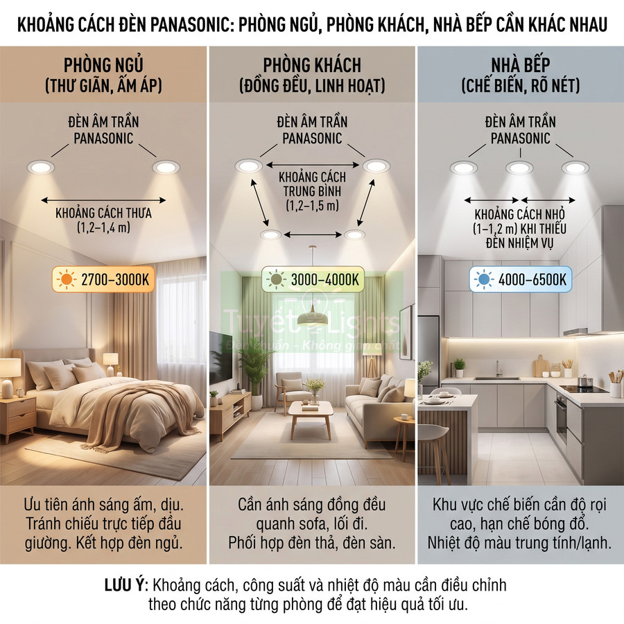 Đèn âm trần Panasonic cho phòng ngủ, phòng khách, nhà bếp với khoảng cách lắp đặt và nhiệt độ màu khuyến nghị