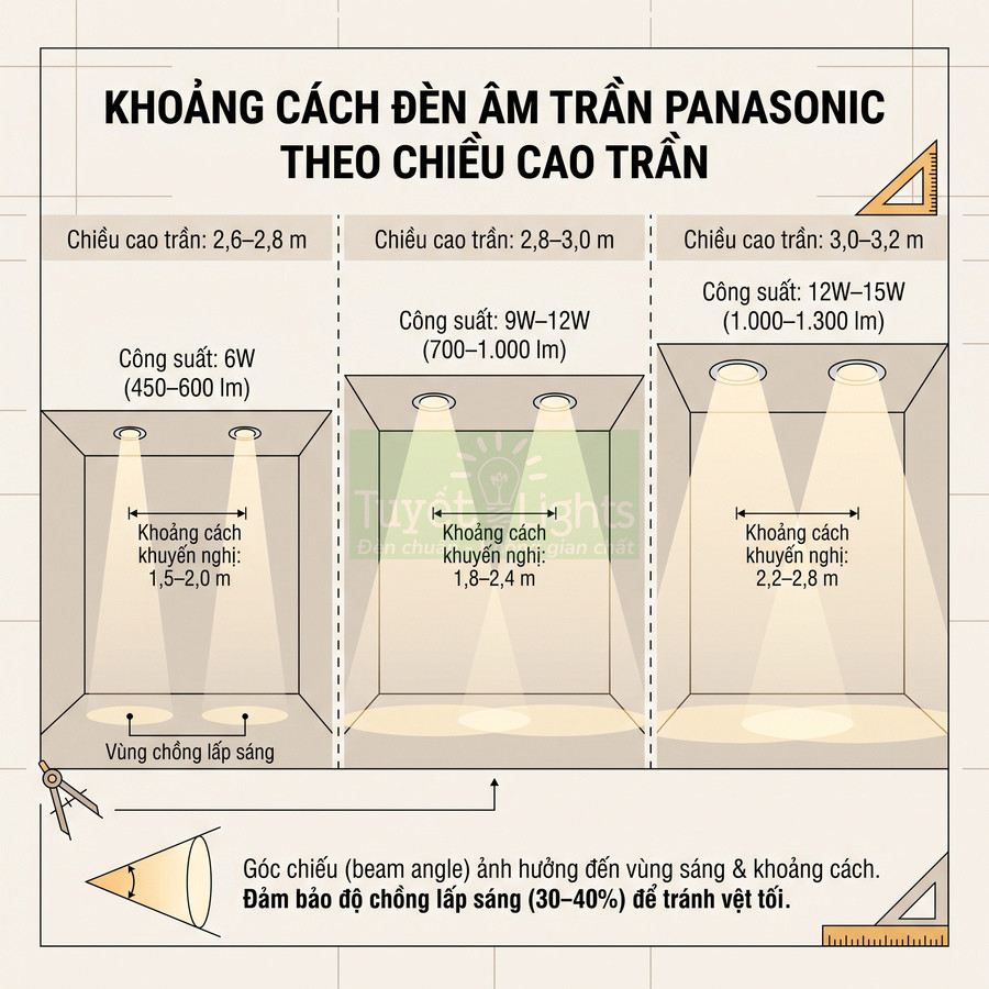 Bảng hướng dẫn khoảng cách lắp đèn âm trần Panasonic theo chiều cao trần và công suất chiếu sáng