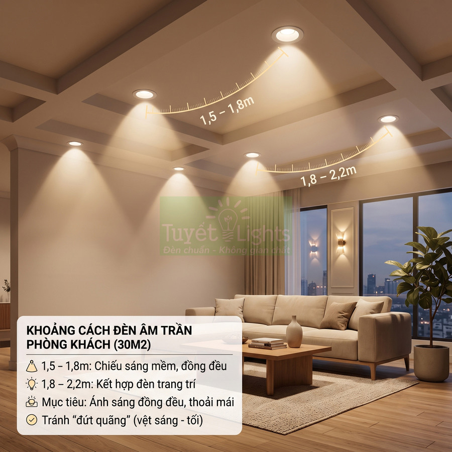 Đèn âm trần Tuyết Lights chiếu sáng phòng khách 30m2 với khoảng cách lắp đặt chuẩn, ánh sáng vàng ấm