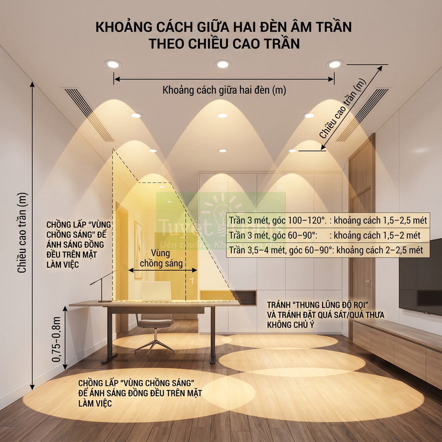 Bố trí đèn âm trần chiếu sáng bàn làm việc trong phòng làm việc hiện đại với hướng dẫn khoảng cách lắp đặt