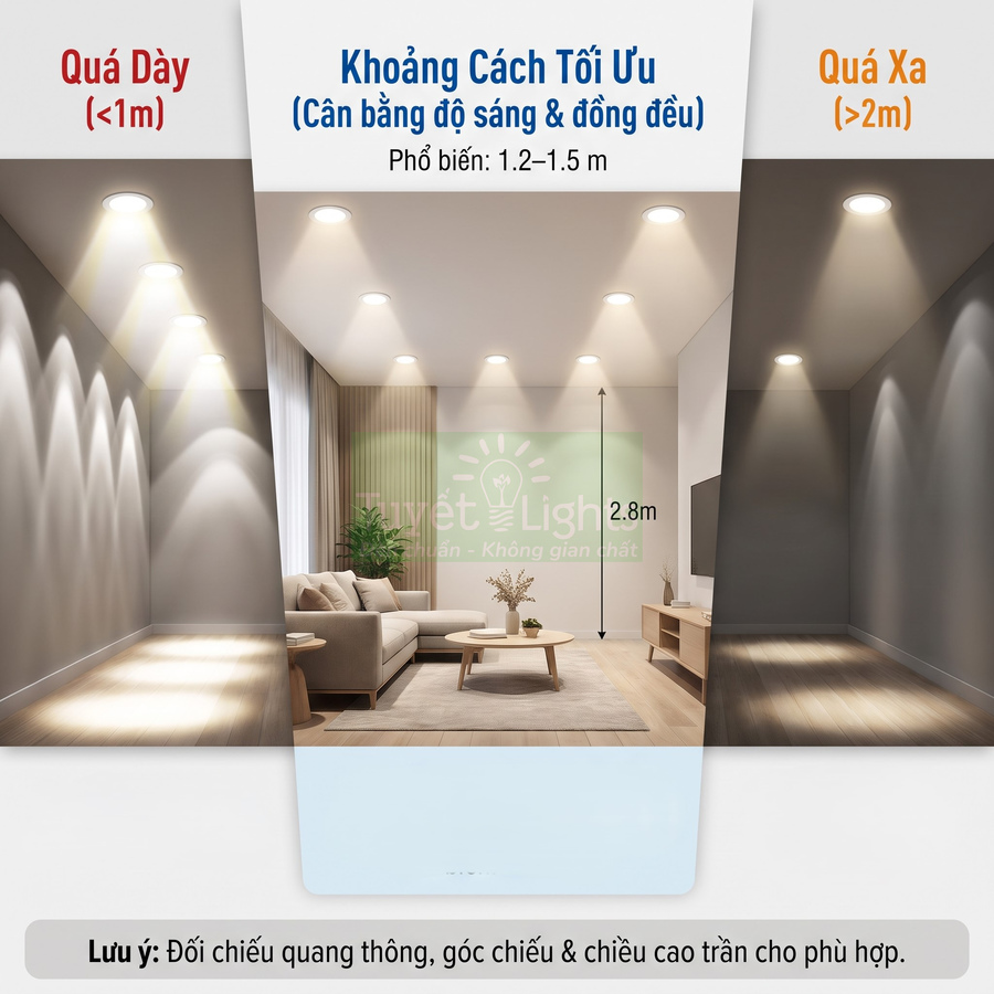 Minh họa khoảng cách lắp đèn downlight âm trần tối ưu cho phòng khách trần cao 2.8m