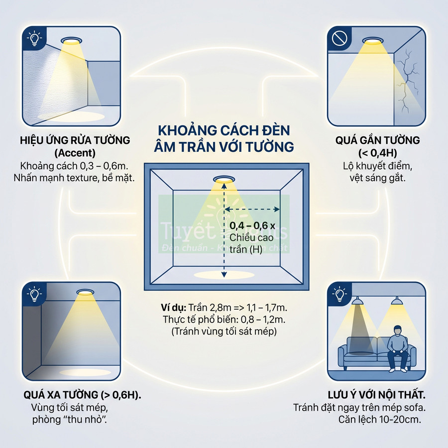 Hướng dẫn khoảng cách lắp đặt đèn âm trần với tường và nội thất để chiếu sáng phòng hợp lý