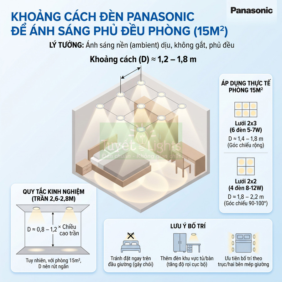 Sơ đồ bố trí đèn âm trần Panasonic cho phòng ngủ 15m2 với khoảng cách lắp đặt chuẩn