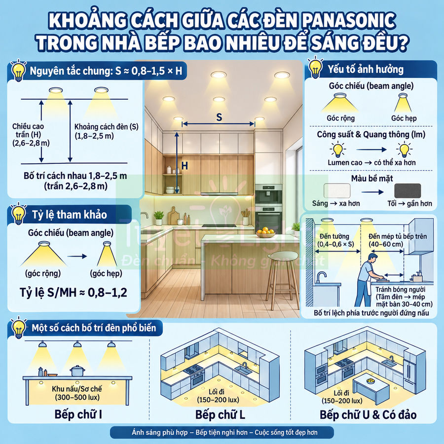 Hướng dẫn bố trí khoảng cách giữa các đèn trần Panasonic trong nhà bếp để chiếu sáng đều và tiện nghi
