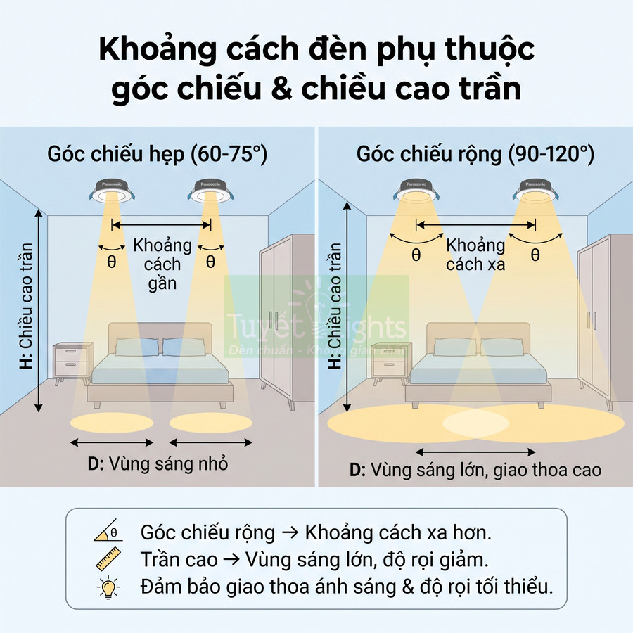 Minh họa đèn trần Panasonic với góc chiếu hẹp và rộng, so sánh khoảng cách lắp và vùng sáng trong phòng ngủ