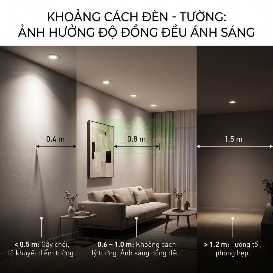 Minh họa phòng khách với đèn downlight trần và khoảng cách đèn tới tường tạo độ đồng đều ánh sáng