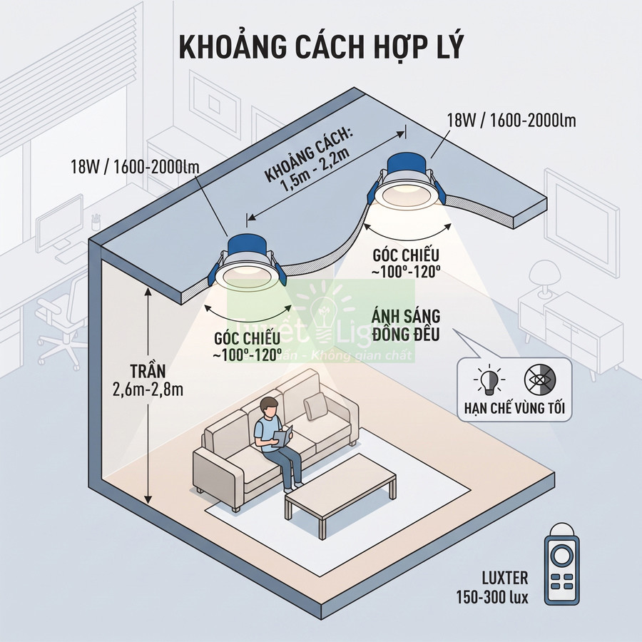 Sơ đồ lắp đặt đèn led âm trần 18W chiếu sáng phòng khách với khoảng cách và góc chiếu hợp lý