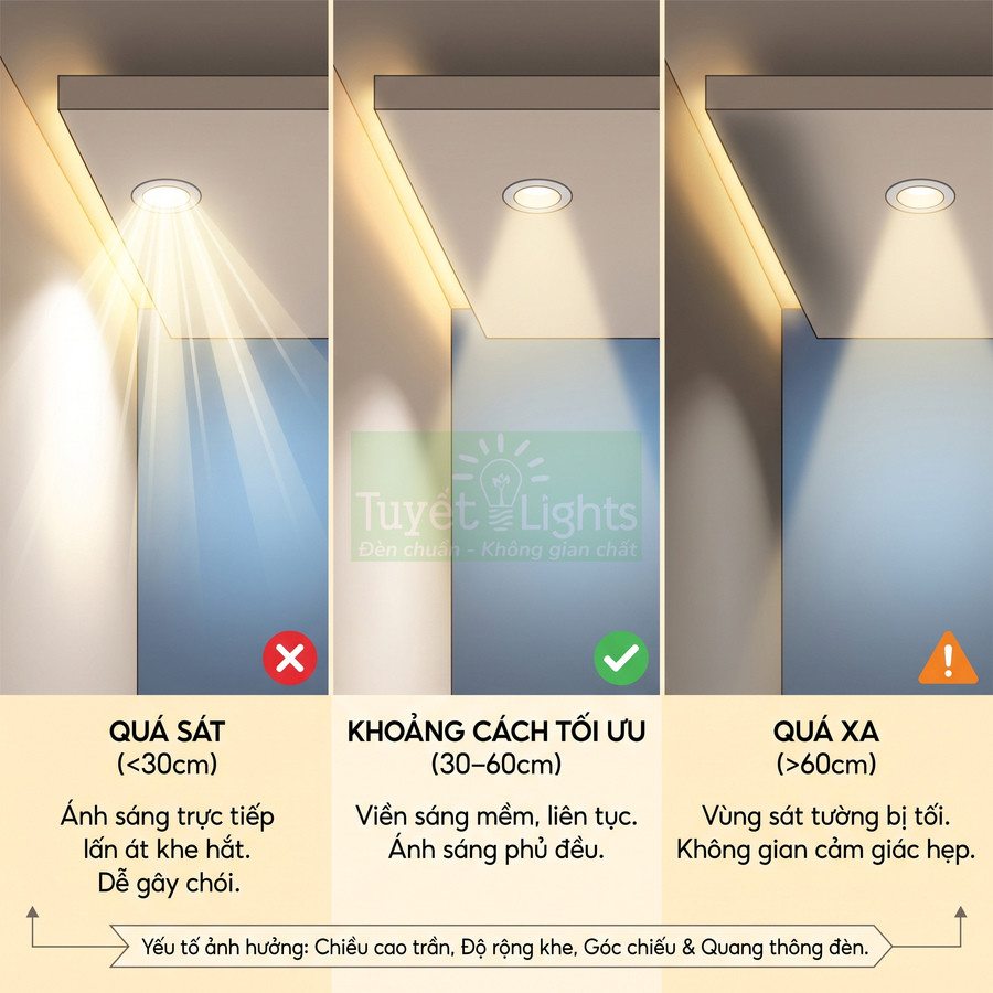 Minh họa đèn downlight âm trần Tuyết Lights với khoảng cách lắp đặt tối ưu 30 đến 60 cm cho ánh sáng đều