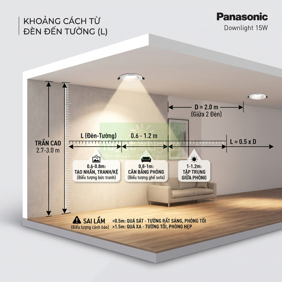 Sơ đồ bố trí đèn downlight Panasonic 15W trong phòng khách với khoảng cách chuẩn từ đèn đến tường