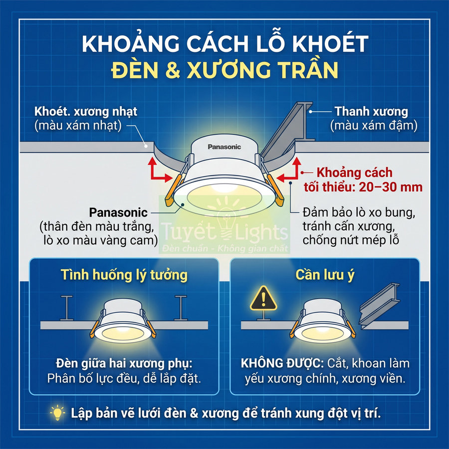 Hướng dẫn lắp đặt đèn âm trần Panasonic với khoảng cách lỗ khoét và xương trần an toàn
