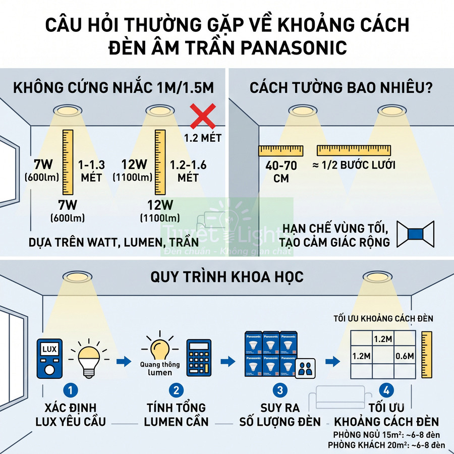 Hướng dẫn khoảng cách lắp đặt đèn âm trần Panasonic theo watt, lumen và vị trí cách tường tối ưu