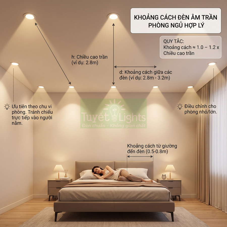 Phòng ngủ hiện đại với đèn âm trần Tuyết Lights chiếu sáng đều hai bên giường đôi có người nằm nghỉ