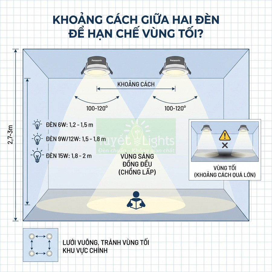 Sơ đồ khoảng cách lắp đặt đèn âm trần Panasonic 6W 9W 12W 15W để chiếu sáng đều và tránh vùng tối